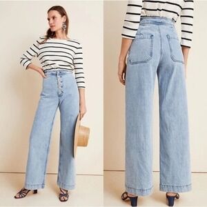 THE Odells High Waisted Wide Leg Button Fly Light Wash Denim Jeans